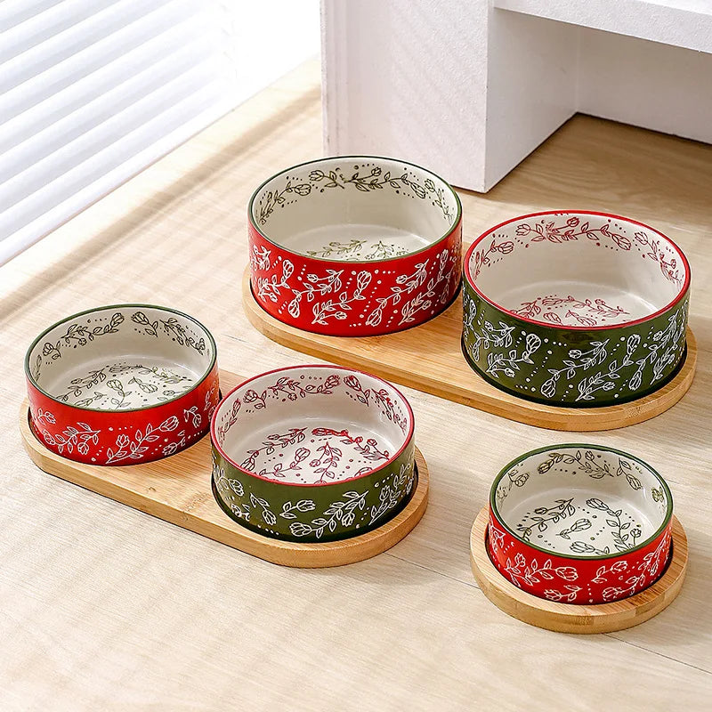 Gamelle Chien – Bol Céramique Avec Plateau Bambou Antidérapant